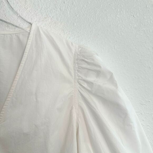 Ganni Puff Sleeve Wrap Top Women Size 40 US 10 Bright White Poplin V-Neck Cotton - Picture 6 of 10